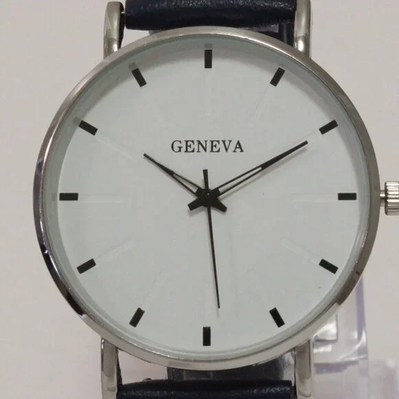 Men's Minimalist Fashion Watch Silver Case White Dial Navy Blue Strap 40mm - Picture 9 of 13